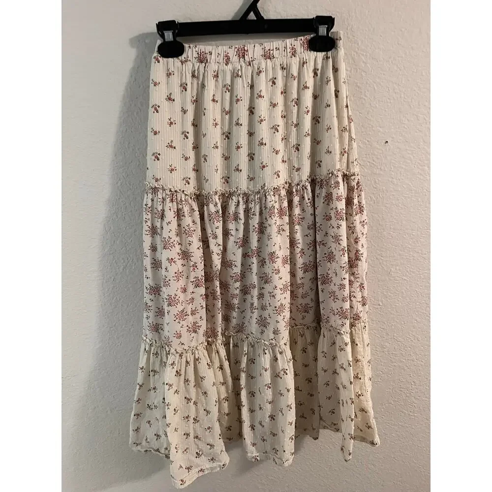Cream Floral Tiered Maxi Skirt XS Cottagecore Prairie Coquette Y2K Ditsy Boho